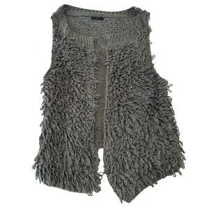 Nina Gray Shaggy Knit Vest Open Front Fringe Boho Layering Piece No Size